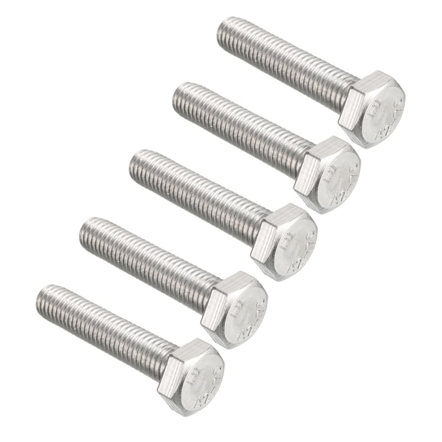 Unique Bargains M8 Thread 40mm 304 Stainless Steel Hex Head Screws Bolts, set of five fasteners with hexagonal heads and reverse thread design. Made from durable stainless steel, suitable for industrial, construction, and machinery applications.