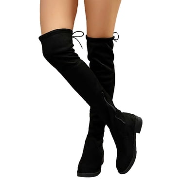 Liquidation d'Économies d'Hiver! PEZHADA Bottes Hauteur Genou pour Femmes, Bottes pour Femmes, Bottillons Longs à Tige Longue pour Femmes à Bout Rond avec Fermeture Éclair, Talon Nu, Chaussures Noires