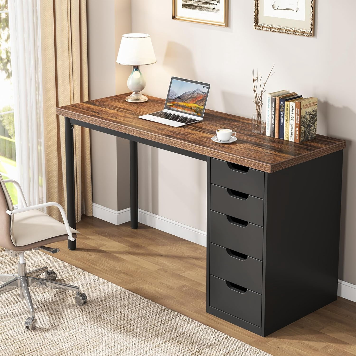 Tribesigns 47 inches Computer Desk with 5 Drawers, Modern Simple Laptop Desk Study Writing Table(1, Brown+Black)