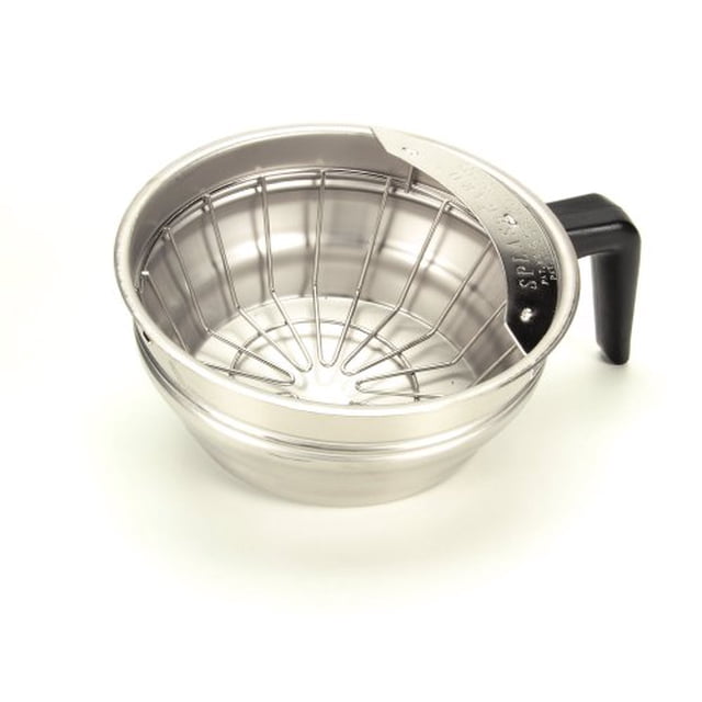 Bunn 20216.0000 Funnel Assembly with Stainless Steel-Black Handle front-facing view of a stainless steel funnel assembly with flared rim, tapered spout and integrated black plastic handle. OEM BUNN replacement part for commercial beverage brewers, suitable as a service replacement for coffee equipment.