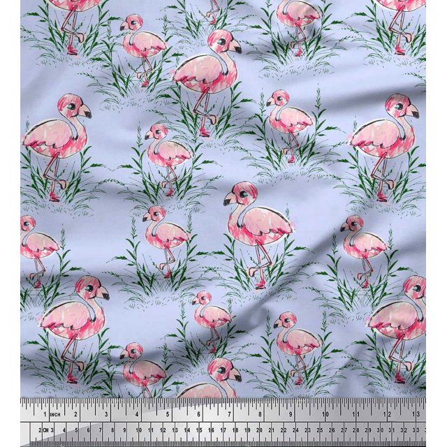 Soimoi Blue polyester Crepe Fabric Grass & Flamingo Bird Decor Fabric Printed Yard 42 Inch Wide