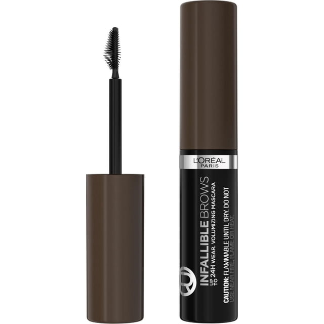 L'Oréal Paris Infallible 24H Volumizing Brow Mascara, 4 mL, featuring a black cylindrical tube with brown cap and a micro gripping brush applicator, designed for precise application and longwear brow volumizing up to 24 hours, suitable for all brow types.