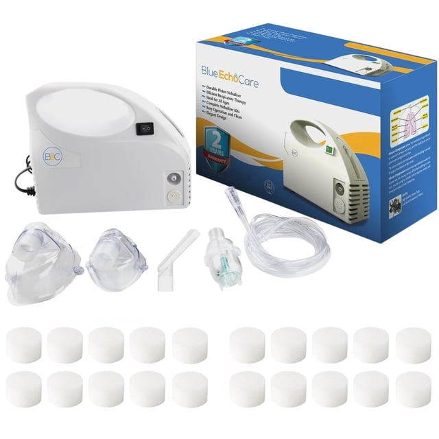 BeC Compact, Portable Nebulizer with all accessories, including 20 filters, solution cup, adult and child masks, mouthpiece, and carrying case. Ideal for nasal care and cold and flu treatment, the device is lightweight, easy to carry, and grips surfaces to minimize movement during use. Displayed alongside its packaging and accessories.