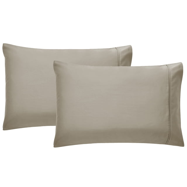 California Design Den 100% Cotton Pillowcases, set of 2 in taupe colour, featuring a luxurious 400 thread count sateen weave for hotel-style luxury. These Queen/Standard-sized pillowcases measure 53cm W x 81cm L and include a 10cm hem for a secure fit. Made from breathable, natural cotton certified by OEKO-TEX® for chemical-free comfort. Designed for durability, they resist fading, pilling, and wrinkles, becoming softer with each wash.