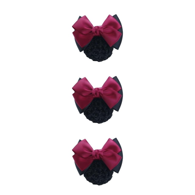 Maytalsory Professional Hair Plate Mesh Pocket Easy To Wear Elastic Hair Nets Bowknot Hair Clip Hairnets Cloth Bow Work Hair Clips Two Bows- rose red 3Set