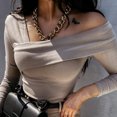 thumbnail image 4 of Mikilon Femmes Uni Ajusté Épaules Dénudées Chandail à Enfiler Manches Longues Blouse Hauts, 4 of 7