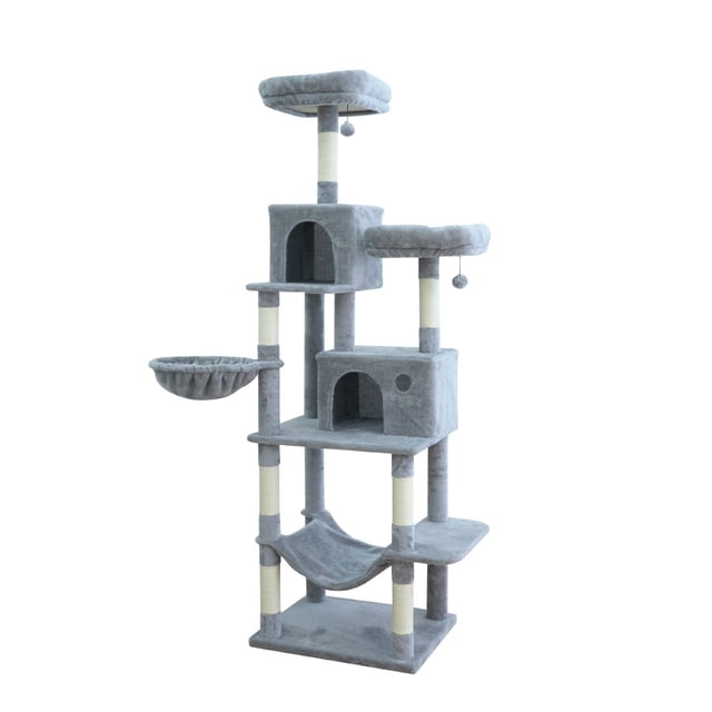 Home4Cat 78.9" 7-level cat tree in grey plush featuring two spacious condos, a soft hammock, multiple sisal scratchers, two top perches with hanging toys, and several climbing platforms, suitable for 1-3 cats up to 15 lbs for indoor play and rest.