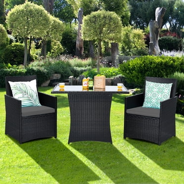 Patiojoy Ensemble de Salle à Manger en Rotin pour Patio 3 Pcs Ensemble de Meubles Gain de Place avec Table à Dessus en Verre Trempé et Chaises Rembourrées