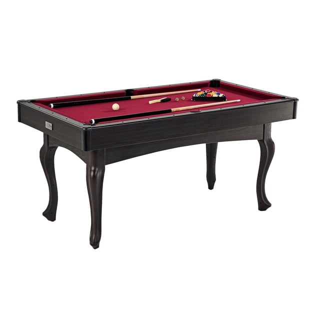 5.5 ft Charleston Red Drop Pocket Pool Table by Barrington Billiards with red velvet cloth playfield, dark wood grain laminated top rail and Queen Ann-style curved legs with inner steel support. Includes 1.75-inch billiard balls, two 48-inch cue sticks, triangle, chalks, and brush, suitable for compact game rooms.