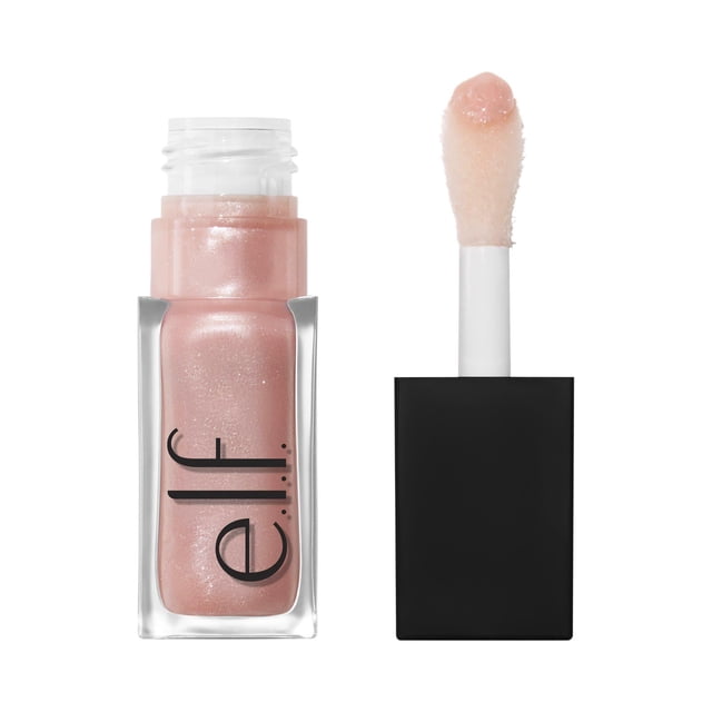 e.l.f. Cosmetics Glow Reviver Huile pour Lèvres Repulpante Tirelire 7,6 ml avec Bouteille Rectangulaire Transparente Contenant de l'Huile pour Lèvres Rose Pâle Scintillante et un Bouchon Carré Noir avec Applicateur Incliné en Forme de Pied-de-Biche Enduit de Produit, Conçue pour des Lèvres Brillantes et Repulpantes et Adaptée pour Ajouter de la Brillance au Baume à Lèvres.
