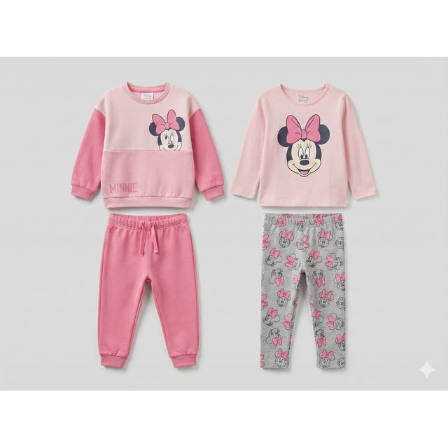 Disney Baby Minnie Mouse 4-Piece Outfit Set in size 9M, featuring a pink sweatshirt with Minnie Mouse artwork, a matching long-sleeve T-shirt with a Minnie Mouse print, pink jogger pants, and grey leggings with an all-over Minnie Mouse pattern. Designed for comfort and mix-and-match versatility, this set is made from soft, breathable fabric suitable for everyday wear, outings, or gifting.
