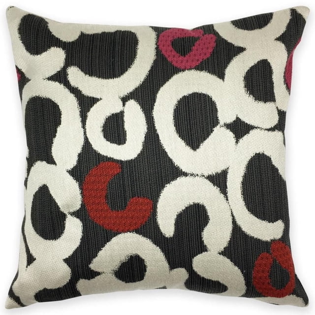 Homeport Ameoboid Decorative Pillow with a square shape, black ribbed fabric background, and an abstract pattern of large cream loops accented by red and dark pink shapes, feather filled with a removable cover and invisible zipper, suitable for adding personality to beds, sofas, or chairs.