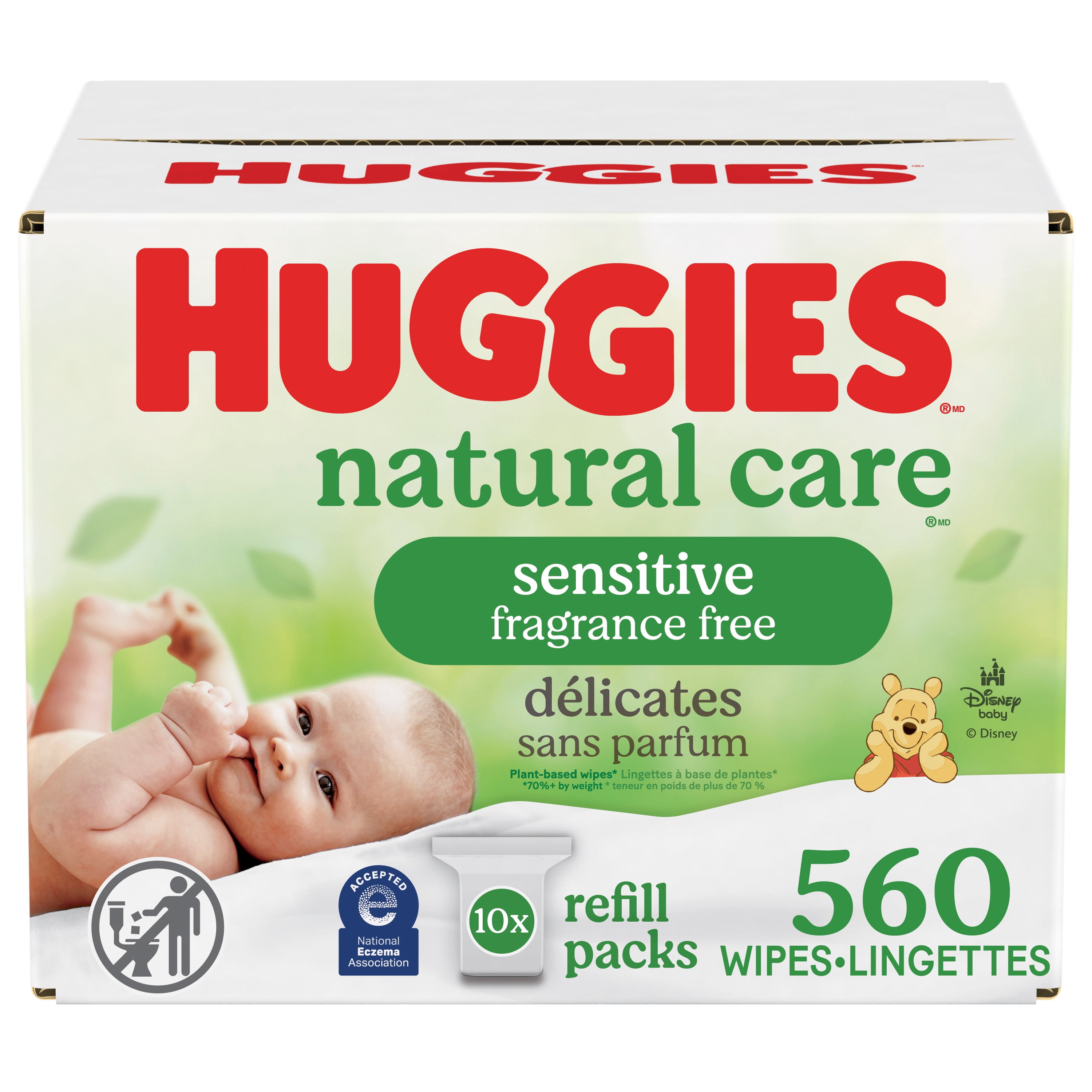 Lingettes pour bébés, Huggies Natural Care, SANS PARFUM, Sensibles, 10 paquets à rabat, 560 lingettes