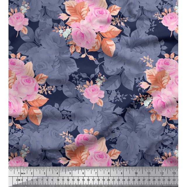 Soimoi Tissu en Viscose Chiffon Feuilles & Roses Imprimés Floraux au Mètre 42 Pouces de Large