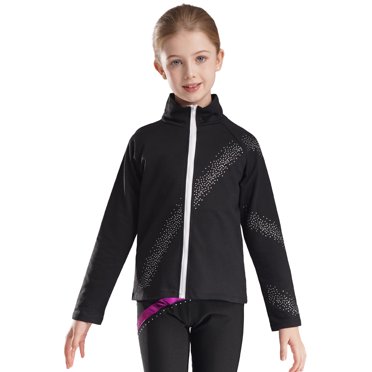 XUNZOO Veste de Patinage Artistique pour Garçons et Filles, Manches Longues, Fermeture Éclair, Chandail en Molleton avec Strass, Entraînement, Noir 6
