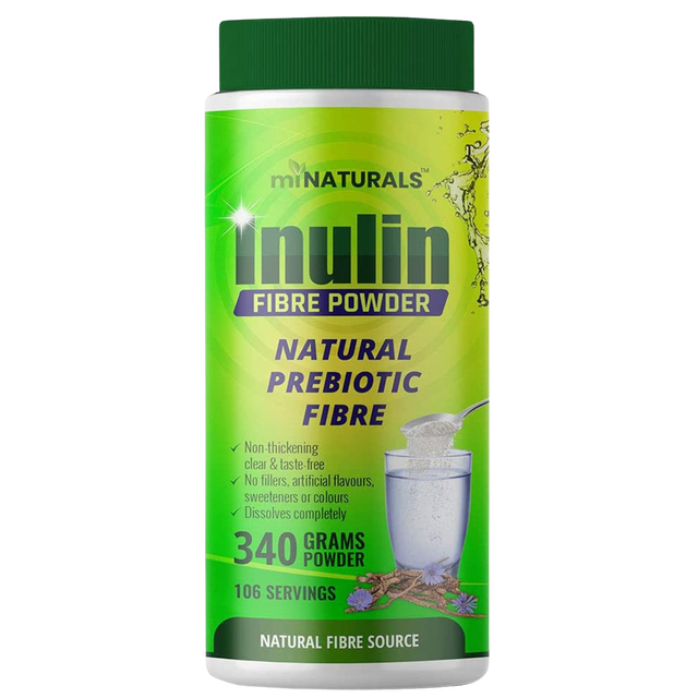 Pure Inulin Fiber Powder - Natural Prebiotic Fibre Supplement (340g - 106 Doses) by miNATURALS. The green container features bold text highlighting its benefits, including non-thickening, clear, and taste-free properties. Made from natural chicory root, it is gluten-free, sugar-free, and dissolves completely. The label emphasizes its use for gut health, appetite control, and blood sugar regulation. The product is Health Canada licensed (NPN 80047322) and manufactured in a Canadian cGMP-certified facility.