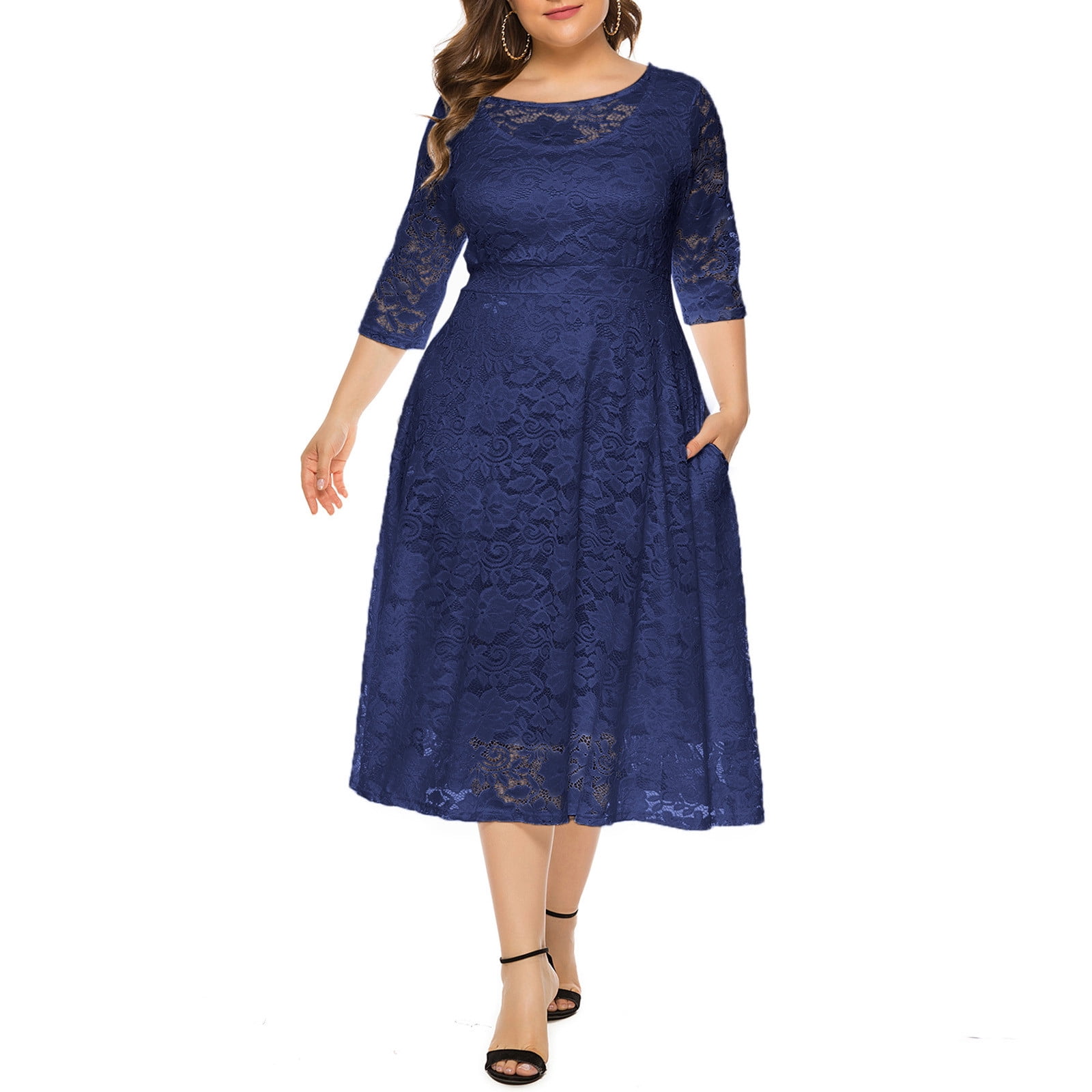 Flywake Robe Maxi pour Femme Grande Taille, Robes Longues Décontractées, Mode pour Femme, Grande Taille, Robe en Dentelle Ajourée avec Poches, Robe de Soirée, Jupe Longue