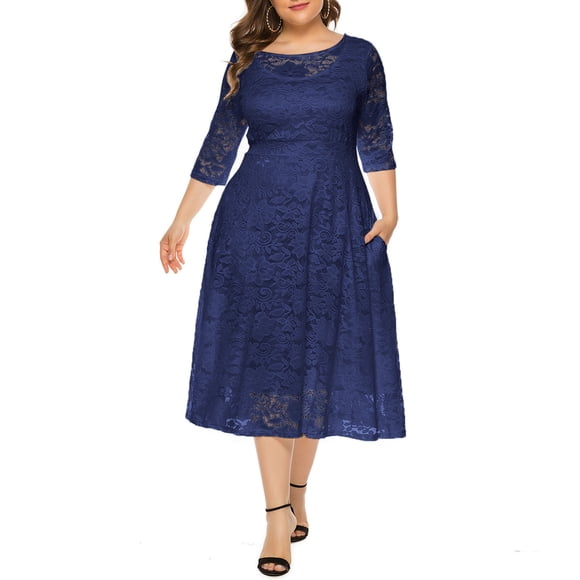 Flywake Robe Maxi pour Femme Grande Taille, Robes Longues Décontractées, Mode pour Femme, Grande Taille, Robe en Dentelle Ajourée avec Poches, Robe de Soirée, Jupe Longue