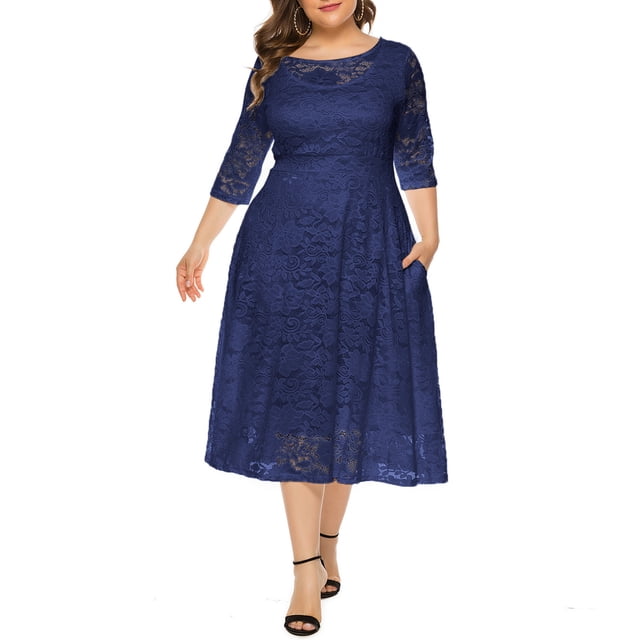 Flywake Robe Maxi pour Femme Grande Taille, Robes Longues Décontractées, Mode pour Femmes, Grande Taille, Robe en Dentelle Ajourée avec Poches, Robe de Soirée Jupe Longue de Couleur Bleu Vif. Cette Robe de Printemps et d'Été Présente un design en Dentelle Ajourée, des Manches Trois-Quarts et une silhouette Trapèze Flatteuse. Idéale pour les Sorties Décontractées, les Événements en Soirée Ou les Mariages, Elle Comprend des Poches Latérales Fonctionnelles et Offre une Coupe Confortable pour les Femmes de Grande Taille.