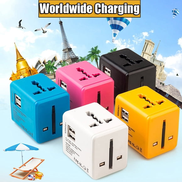 Universal Travel Adapter , Black , International Power Adapter Plug with 2 USB-A Ports European Travel Plug Adapter Worldwide AC Outlet Wall Charger for US Europe UK AUS
