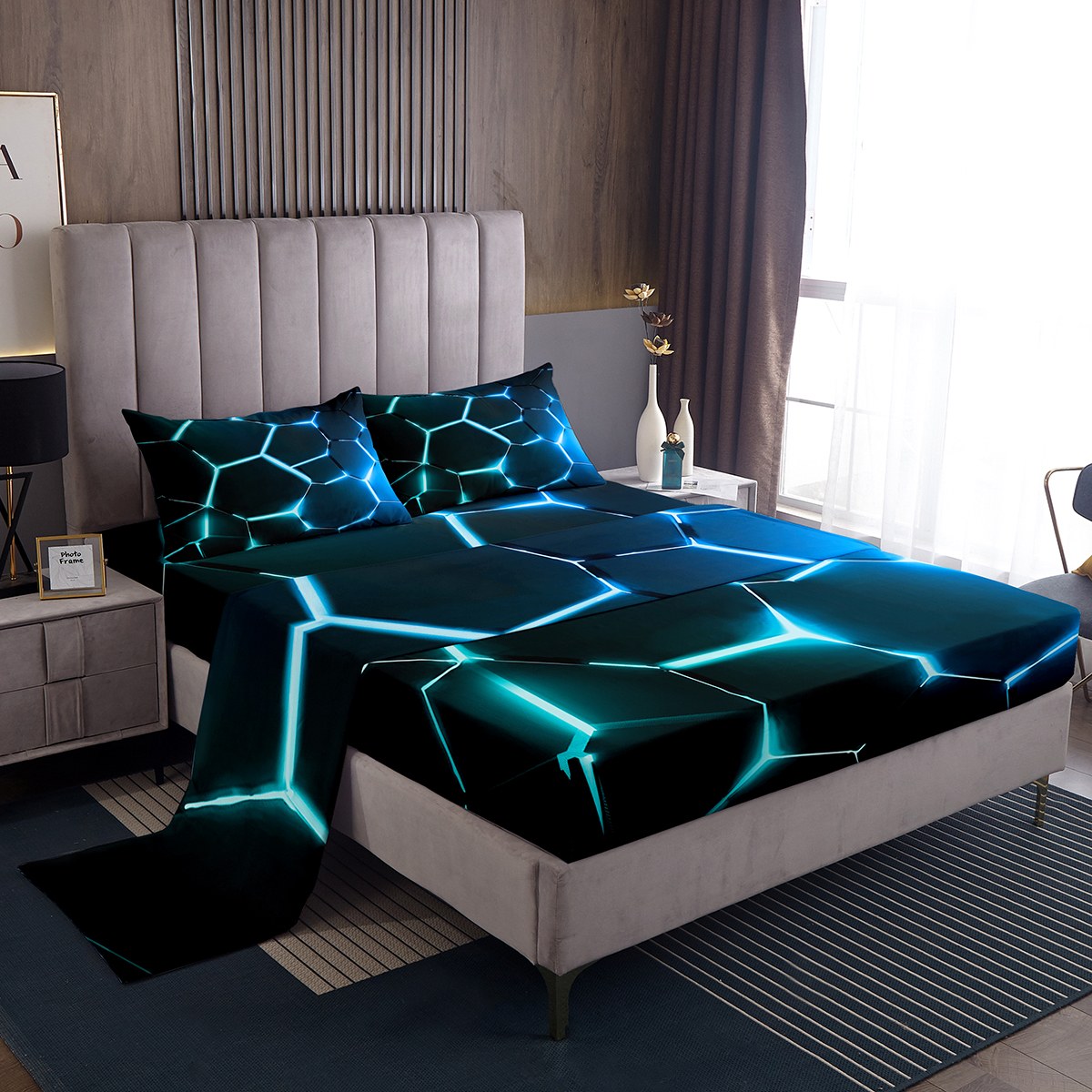 Erosebridal Gradient Geometric Bed Sheets Set King Size, Honeycomb Bed Sheets King, Abstract Ombre Decor,