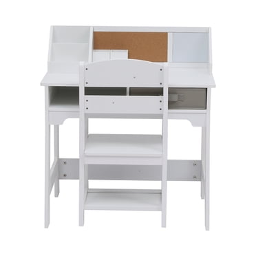 Adjustable Kids Desk and Chair Set with Hutch, Bulletin Board, Storage Drawers, Pen Holders – Perfect for Boys and Girls’ Study and Art – White