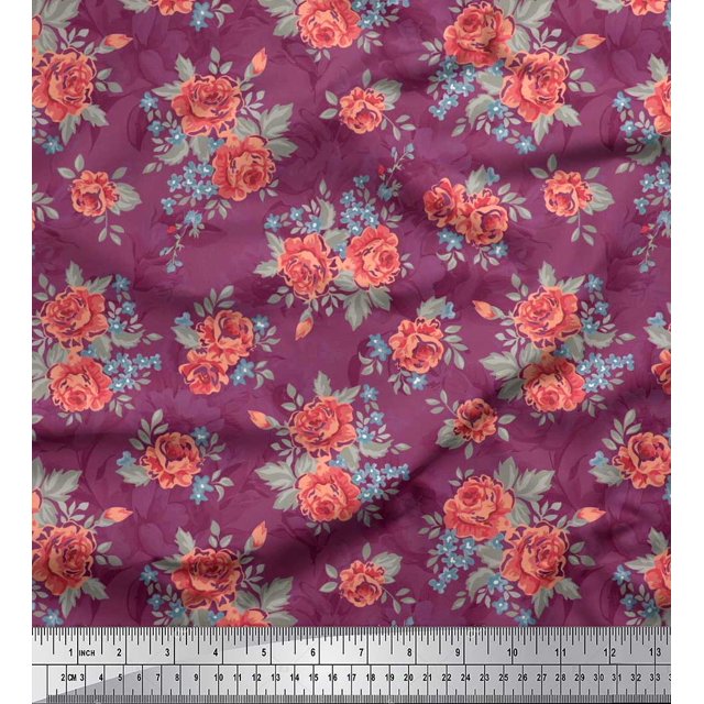 Soimoi Tissu en Velours Feuilles & Roses Imprimés Floraux au Mètre 58 Pouces de Large