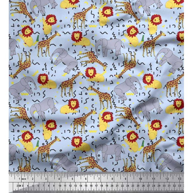 Soimoi Blue Poly Georgette Fabric Lion,Giraffe & Elephant Kids Print Fabric by Yard 52 Inch Wide