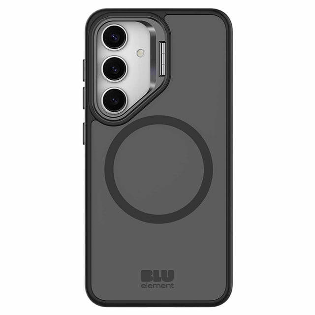Blu Element Chromatic Kick Compatible w/Magnets Case Black for Samsung Galaxy S25+/Galaxy S24+ showing a centered rear view with a semi-transparent black acrylic back, shock-absorbing edges, circular MagSafe magnet ring, extra camera protection, and a built-in kickstand for hands-free viewing.