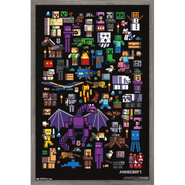 Minecraft - Mobbery Wall Poster, 22.375" x 34", featuring pixel art of Minecraft mobs including Ender Dragon, Creeper, Iron Golem, Skeleton, and Zombie on glossy poster paper with vibrant colors, framed in rustic wood, ideal for bedroom or gaming room decor and suitable as unique party decoration or gift.