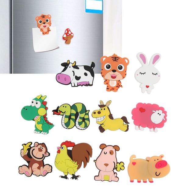 Spptty Fridge Magnet Kids, 11PCS set featuring 3D effect animal magnets in vibrant multicolour designs. Includes representations of the twelve Chinese zodiac animals such as a tiger, rabbit, and dragon. Made from PVC, resin glue, and soft magnet material, these magnets are strong, durable, and suitable for attaching to refrigerators or other magnetic surfaces. Ideal for teaching children animal recognition.