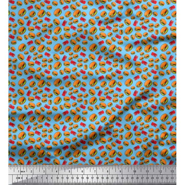 Soimoi Polyester Crepe Fabric Coke & Burger Food Fabric Prints by Yard 42 Inch Wide