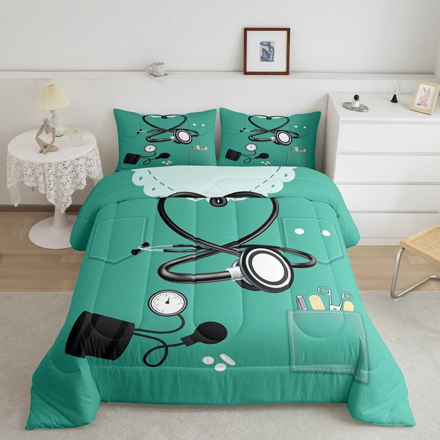 Erosebridal Cartoon Medical Tool Bedding Toddler Comforter Set, Clothes Print Down Comforter, Green, 2pcs