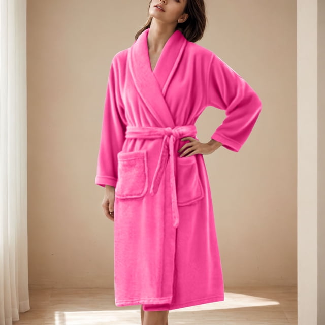 Soki Premium Womens Plush Soft Robe Fluffy, Warm, Fleece Sherpa Shaggy Bathrobe Hot Pink L