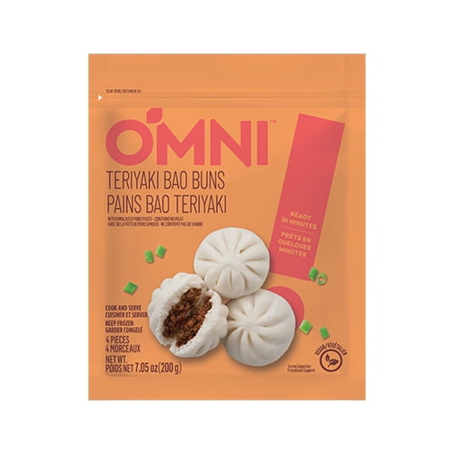Omni Frozen Plant-Based Teriyaki Bao Buns package showing four soft steamed buns filled with plant-based teriyaki protein, vegan-friendly and ready in minutes, 200g net weight, suitable as a frozen Asian appetizer or snack.