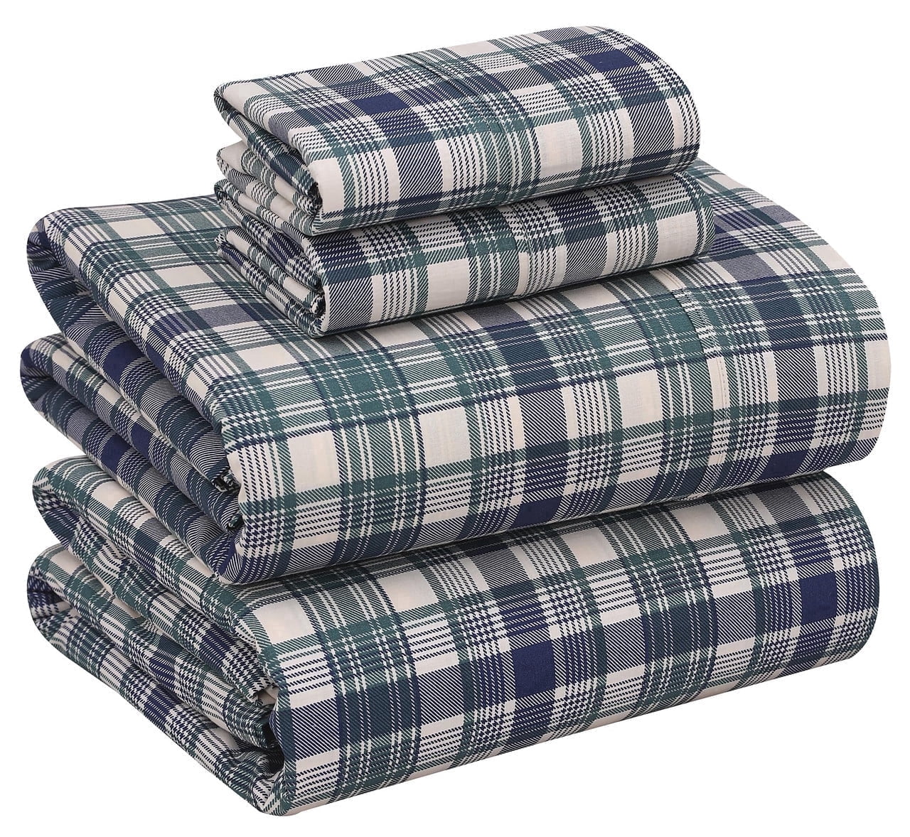 Ruvanti 100% Cotton Sheets - Crispy Cooling Percale Sheets For California King Size Bed, Breathable & Durable Cal King Sheet Set, 16 Inches Deep Pocket Bed Sheets, Greenish Blue Plaid, 4 Pieces