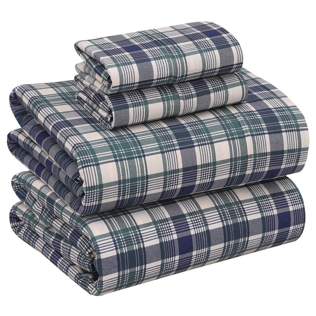Ruvanti 100% Cotton Sheets - Crispy Cooling Percale Sheets For California King Size Bed, Breathable & Durable Cal King Sheet Set, 16 Inches Deep Pocket Bed Sheets, Greenish Blue Plaid, 4 Pieces