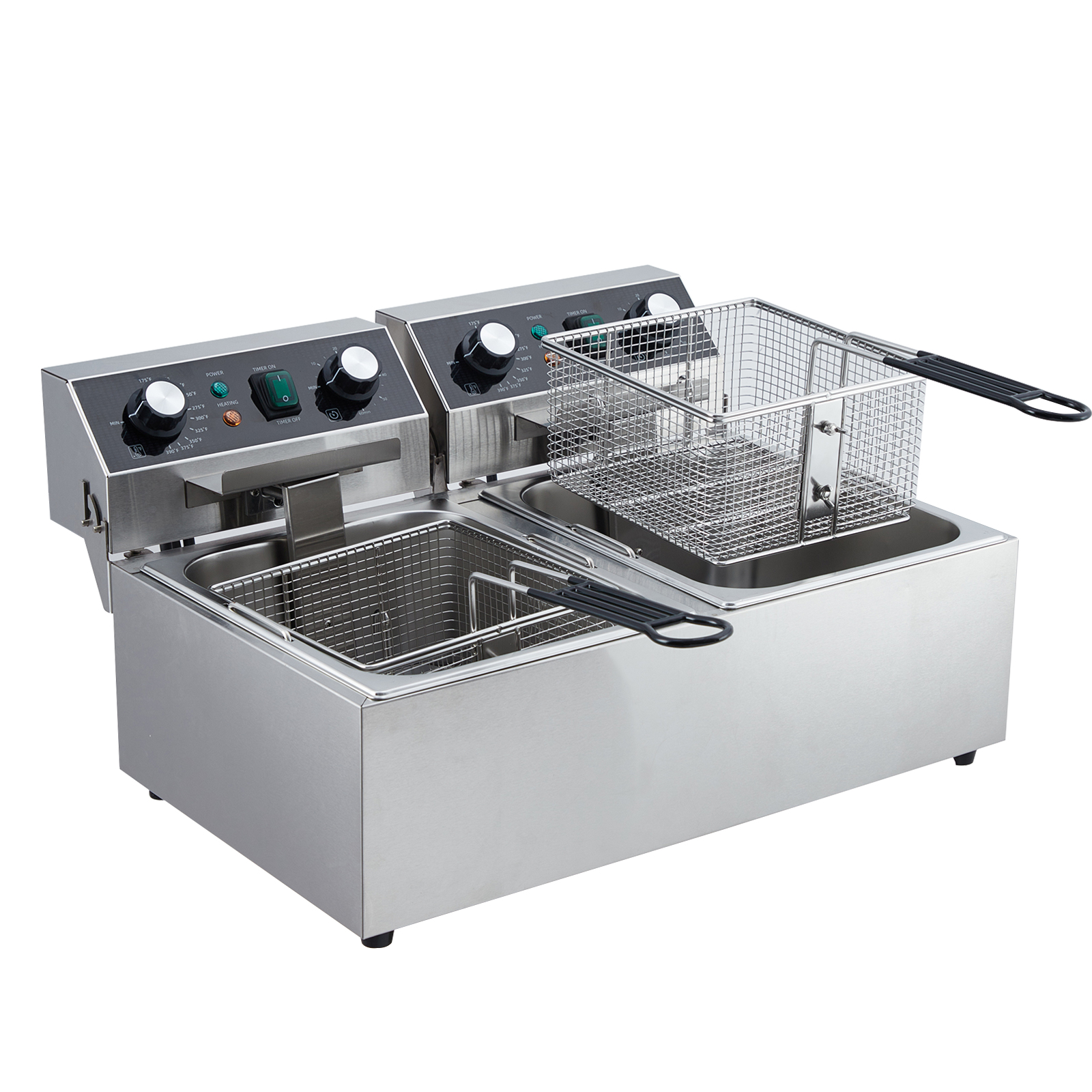 Ourlova 6/10/12L Commercial Electric Deep Fryer Dual Tank w/Basket & Lid Countertop Stainless Steel Deep Fryer for Large Tank French Fries Onion Rings