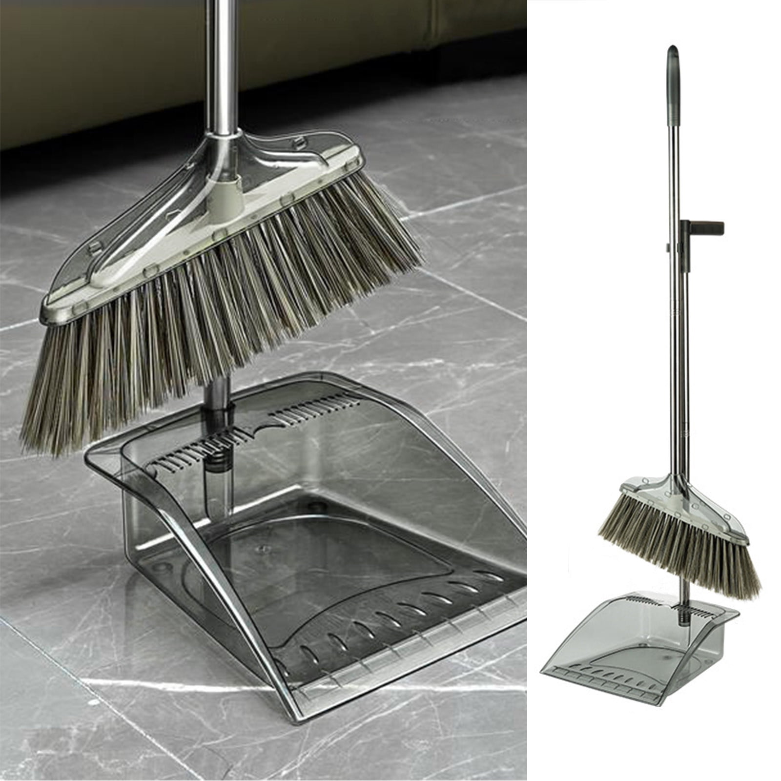 Cagogo Dustpan and Broom Set, Transparent Plastic Dustpan Broom Combo, Soft Bristle Whisk Broom, Large Dustpan for Hardwood Floors and Tile, Indoor Outdoor Cleaning Tools, Dustpan Broom Combo for