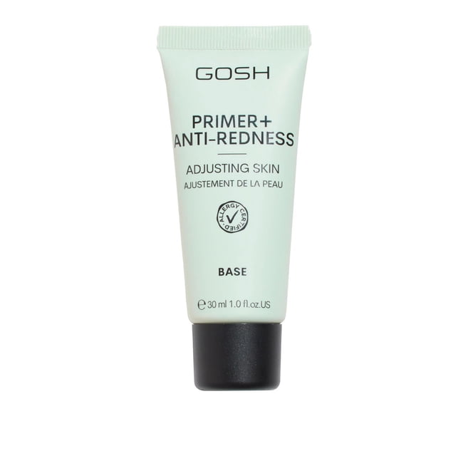 GOSH - Primer Plus + 008 Anti-Rougeurs en tube Vert Pâle de 30 ml avec Capuchon Noir, une base de Maquillage Qui Hydrate, Lisse et Réduit les Rougeurs et les Ridules, Convient à Tous les types de Peau et aux Utilisateurs Véganes, Souvent Utilisée pour Unifier le Teint avant le Fond de Teint.