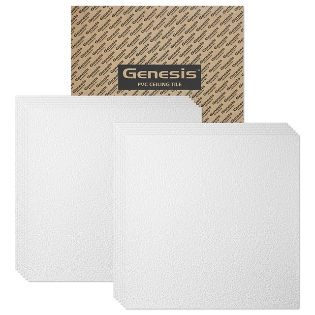 Genesis 2ft x 2ft White Ceiling Tiles- Waterproof PVC, Drop-In, 12-Pack