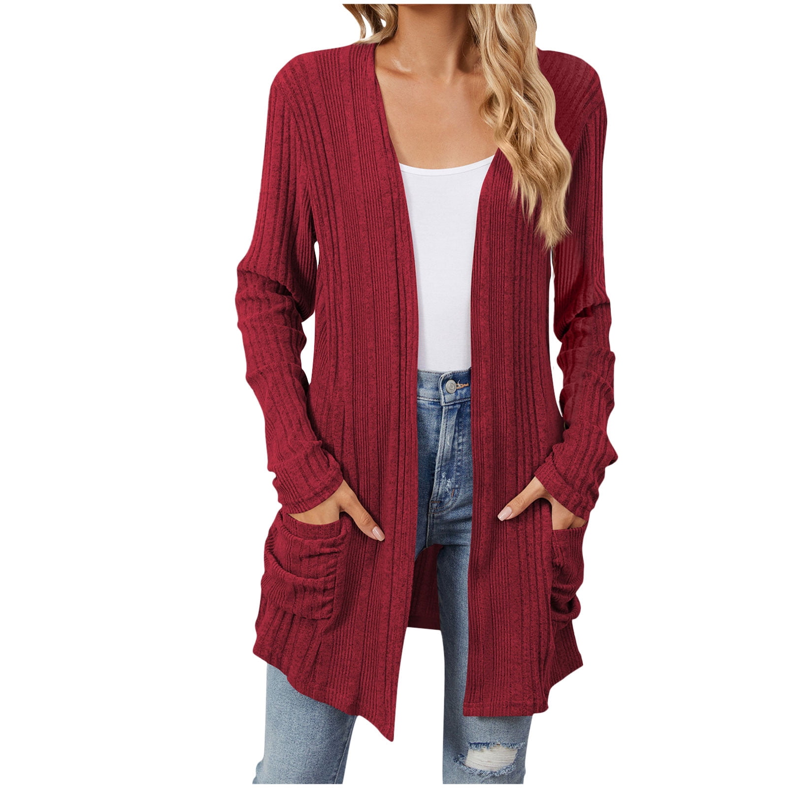 Timegard Cardigans pour Femmes, Côtelé, Manches Longues, Ouvert à l'Avant, Doux, Automne, Décontracté, Long Haut avec Poches