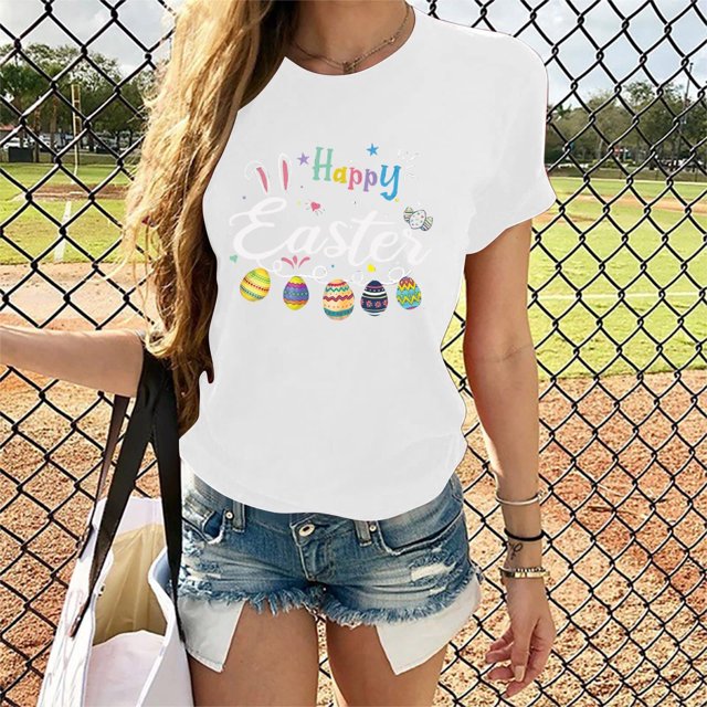 Daisyyozoid Chandail Amusant de Pâques pour Femmes, Mode Décontractée, Chandail à Imprimé, Blouse à Manches Courtes