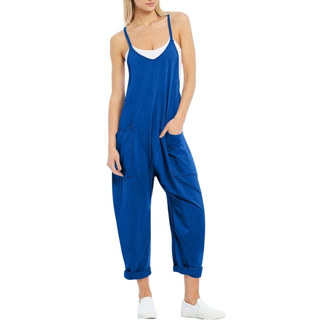 TrendOFT Jumpsuits For Women Casual Summer Solid Loose Pocket Spaghetti Strap Wide Leg Womens Overalls Rompers Blue M