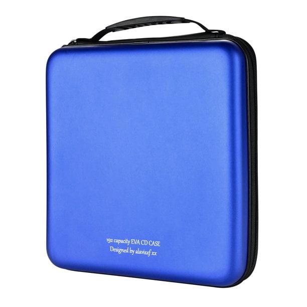 CD Case, 192 Capacity EVA DVD Case in blue with a portable zipper design for disc storage and organization. Made of durable EVA material with PP film and spunlace non-woven fabric to protect discs from dust, scratches, and moisture. Features a secure zipper closure and a compact handle for easy portability, ideal for media storage near TVs or entertainment systems.