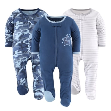 The Peanutshell Dormeuses pour Bébé à Pieds Camouflage Bleu pour Garçons, Lot de 3, 3-6 Mois