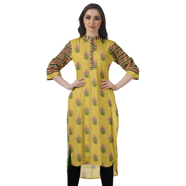 Moomaya Tunique en Coton à Manches Retroussables pour Femmes Kurti Imprimé Longueur Genou Kurta d'Été