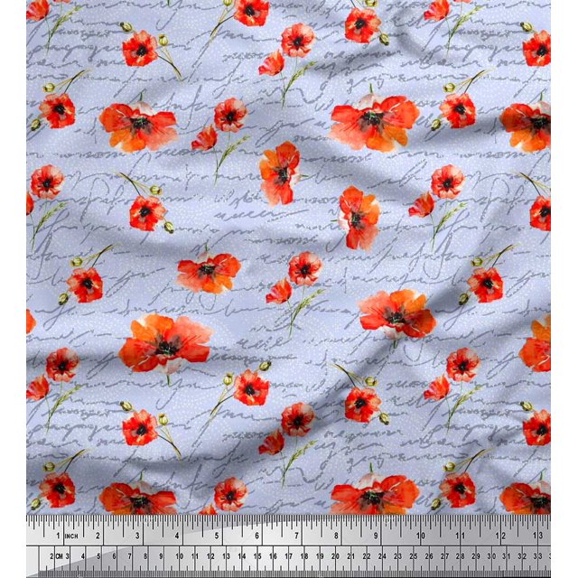 Soimoi Blue Velvet Fabric Text & Poppy Floral Print Fabric by the Yard 58 Inch Wide