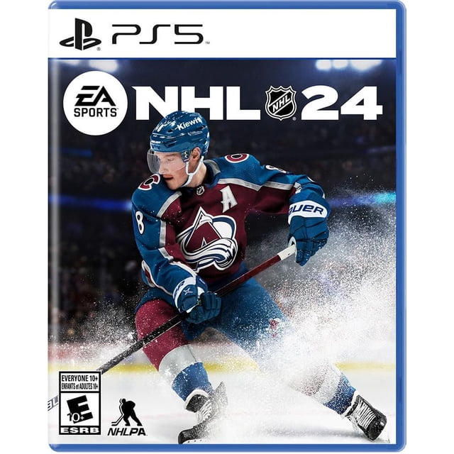 NHL 24 (PS5) cover art featuring a Colorado Avalanche hockey player in maroon and blue uniform with number 8 and alternate captain 'A', skating on ice with ice spray, holding a hockey stick in a dark arena with bright lights and crowd.
