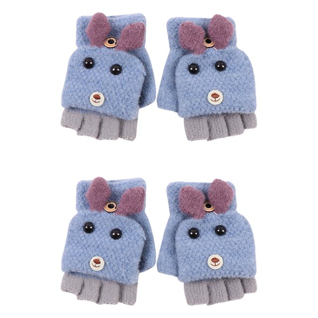 2 Pairs Half Finger Flip Cover Kids Gloves Cartoon Knitted Gloves (Random Color)